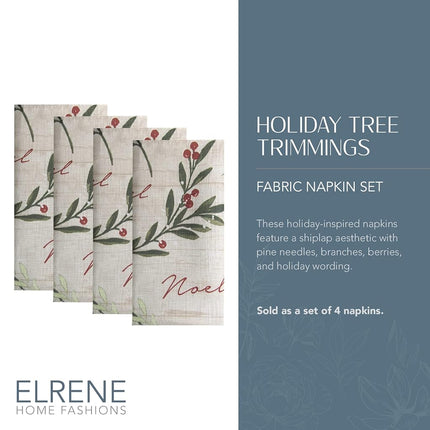 Elrene Home Fashions Holiday Tree Trimmings Fabric Napkins, Set of 4, 17 Inches x 17 Inches