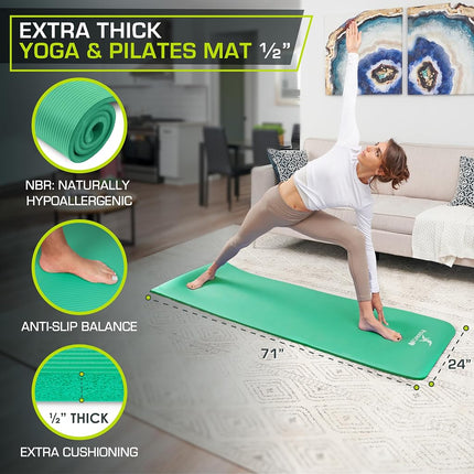 ProsourceFit Extra Thick Yoga and Pilates Mat ½” (13mm), 71-inch Long High Density Exercise Mat with Comfort Foam and Carrying Strap, Green