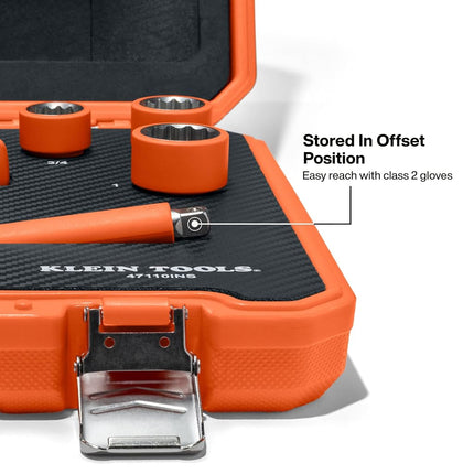 Klein Tools 47110INS Insulated Ratchet and Socket Set, 1000V Rated, ASTM F1505 Certified, Includes 3 and 6-Inch Extension Bars, Class 2 Glove Compatible, Premium Carrying Case