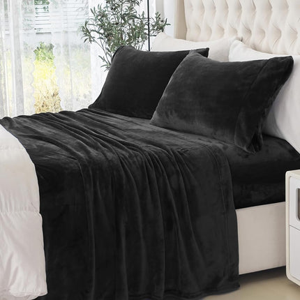 Elegant Comfort Luxuriously Soft 4-Piece Velvet Plush Flannel Sheet Set - Premium Quality - Cozy Warm, Anti-Static, Non Pilling Fuzzy Velvet Flannel Fleece Deep Pocket Sheet Set - Twin XL, Black