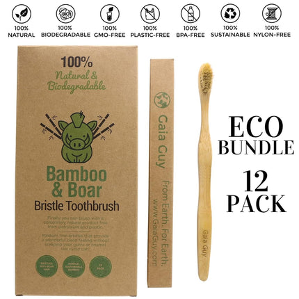 Natural Bristle Bamboo Toothbrush with Boar Bristles - Totally Biodegradable and Compostable - No Nylon Toothbrushes - Zero Waste 12-Pack