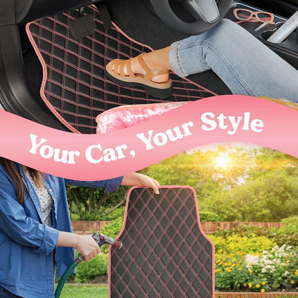 Carbella DiamondLuxe Car Floor Mats, Stylish Faux Leather Car Mats with Diamond Stitched Detail and Matching Taping, Universally Sized All-Weather Floor Mats for Cars Trucks SUV, Full Set (Pink)