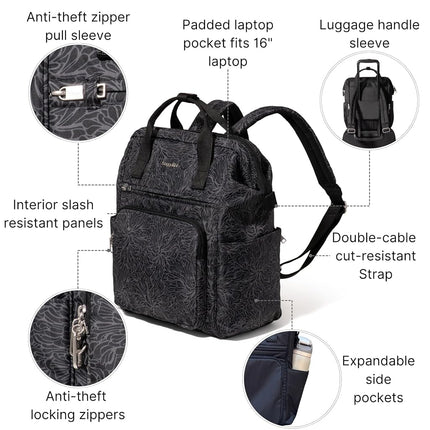 Baggallini Mochila antirrobo Windsor Securtex para mujer para viajes, trabajo y universidad, RFID y cremallera con cierre, portátil de hasta 16", estampado Midnight Blossom, M