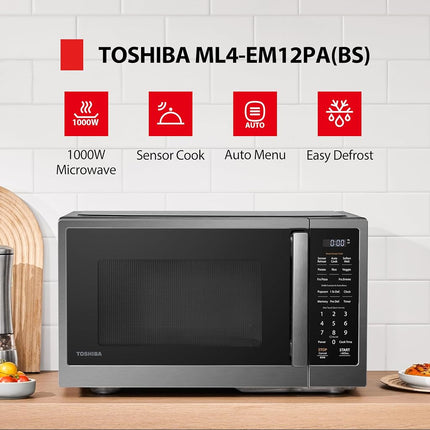 TOSHIBA ML4-EM12PA(BS) Horno microondas de encimera con diseño elegante como electrodoméstico esencial de cocina, sensor inteligente, 13 menús automáticos y función de silencio, 1.2 pies cúbicos con plato giratorio de 12.4", 1000W, acero inoxidable negro