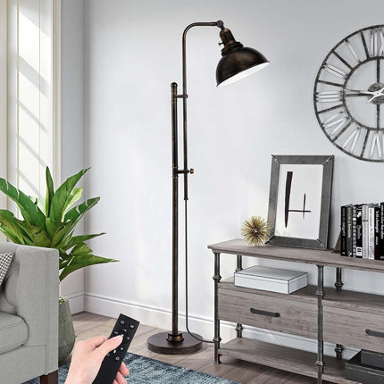 Lampadaire industriel réglable PARTPHONER, lampe de lecture rustique de style ferme à finition noire vieillie, lampadaire moderne avec télécommande et abat-jour en métal pour salon, chambre, bureau, hôtel