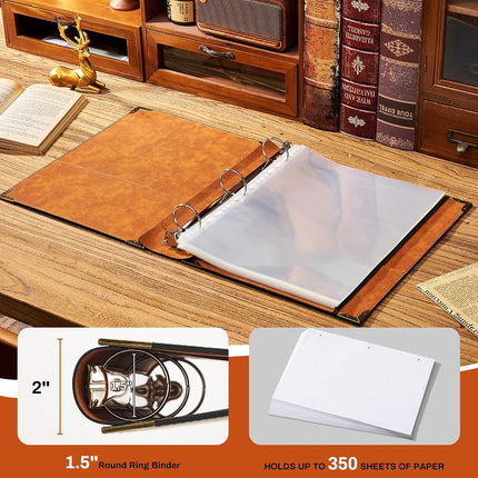 Ovesmusl PU Leather 3 Ring Binder Fits 8.5"x11" Letter Size Paper, 1.5 Inch Round Ring Binder Holds 350 Sheets, Notepad Paper Cover Loose Leaf Organizer, Green Sun