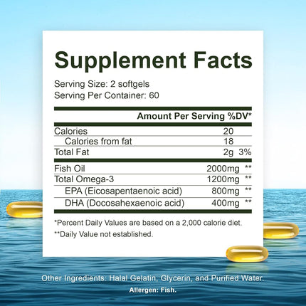 Aceite de Pescado Halal, Vitaminas Halal, Aceite de Pescado Halal de Noor Vitamins, Aceite de Pescado Silvestre Peruano Ultra Omega 3 (800 mg EPA y 400 mg DHA) Apoyo para el Corazón, el Cerebro y las Articulaciones, Sin OGM y Sin Gluten (120 unidades)