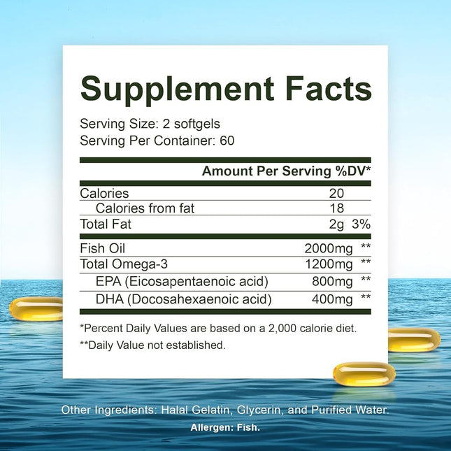 Halal Fish Oil, Halal Vitamins, Fish Oil Halal by Noor Vitamins, Ultra Omega 3 Wild Peruvian Fish Oil (800 mg EPA & 400 mg DHA) Heart, Brain & Joint Support, Non-GMO & Gluten Free (120 Count)
