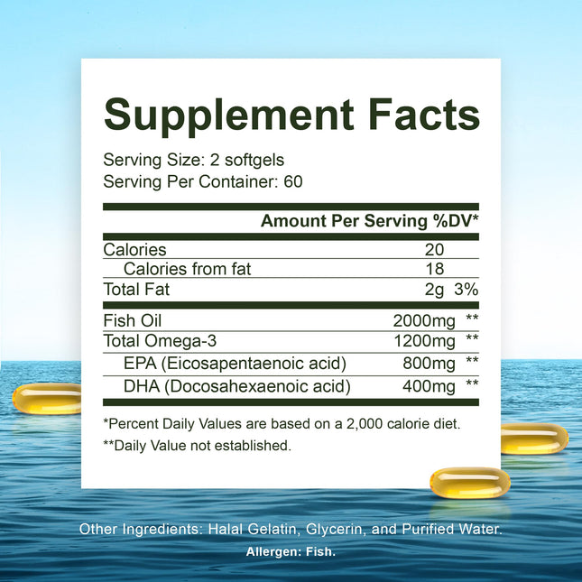 Halal Fish Oil, Halal Vitamins, Fish Oil Halal by Noor Vitamins, Ultra Omega 3 Wild Peruvian Fish Oil (800 mg EPA & 400 mg DHA) Heart, Brain & Joint Support, Non-GMO & Gluten Free (120 Count)