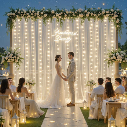 Ivory Sheer Backdrop Curtains with Lights String for Parites Wedding 10×8ft Tulle Backdrop Curtains for Baby Shower Birthday Party Bridal Shower Christmas Photo Shoot Background Decorations