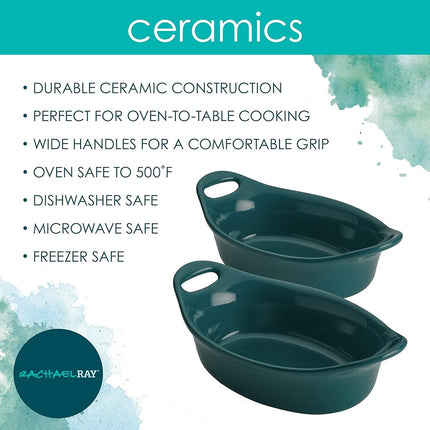 Rachael Ray Solid Glaze Ceramics Au Gratin Bakeware/Baker Set, Oval - 2 Piece, Teal