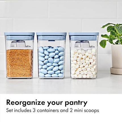 OXO Good Grips 3-Piece POP Container Set with Mini Scoops — Sky Blue, 1.1 Qt/1 L Capacity, Airtight Pop-Up Container with Push-Button Seal, Kitchen Storage Canisters for Cereal and Snacks
