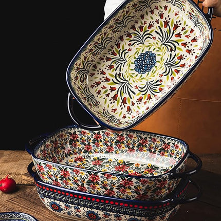 Bicuzat Vintage Style Pottery Bakeware Ceramic Casserole Dish Baking Pan Lasagna Pans Baking Dish with Handles for Oven/Cooking/Kitchen-1 PCS, Large Capacity, 60 OZ