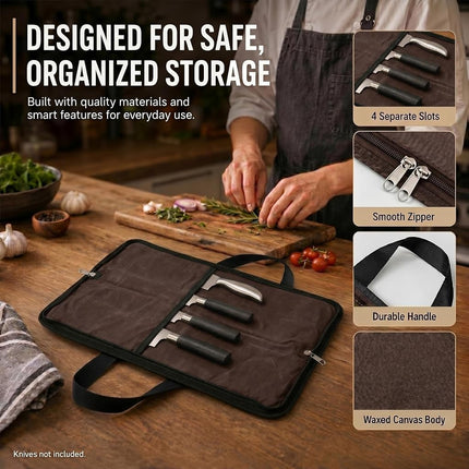 QEES Knife Roll,Heavy Duty Knife Bag,Waxed Canvas Knife Case with 4 Slots for Knives & Kitchen Tools,Chef Knife Bag with Handle.Portable Knife Roll Bag for Chefs Culinary Traveling.Knives Pouch
