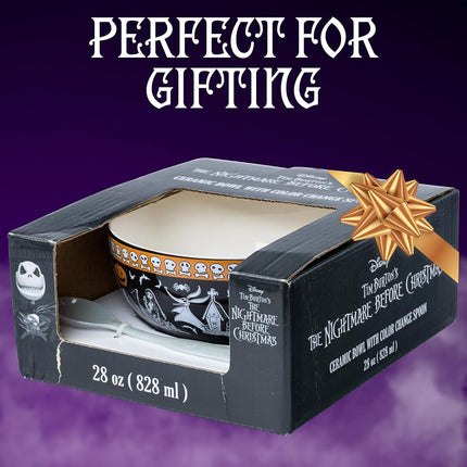 Silver Buffalo Disney Tim Burton's Nightmare Before Christmas Featuring Jack Skellington, Oogie Boogie, Sally, Dr. Finkelstein, Lock, Barrel, and Zero Ceramic Bowl with Color Changing Spoon, 28 Ounces