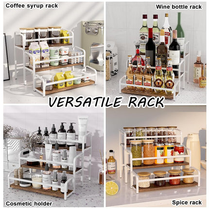 Estante de jarabe de café de 3 niveles para encimera, soporte para jarabe de 12 botellas de gran capacidad con estante de madera y marco de metal para barra de café, estación organizadora de café blanca premium/botellero para almacenamiento de cocina