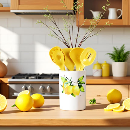 Reston Lloyd 6 Piece Kitchen Utensil Holder for kitchen counter, Utensils crock with Heat Resistant Spoon, Slotted Spoon, Ladle, Spatula BPA Free, Fresh Lemons