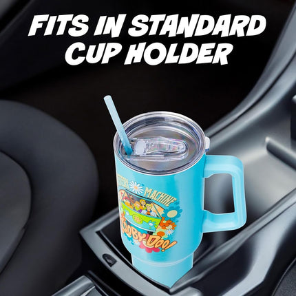 Silver Buffalo Scooby Doo Mystery Machine Featuring Shaggy, Velma, Fred and Daphne Stainless Steel Tumbler with Handle and Straw, Fits in Standard Cup Holder, 40 Ounces