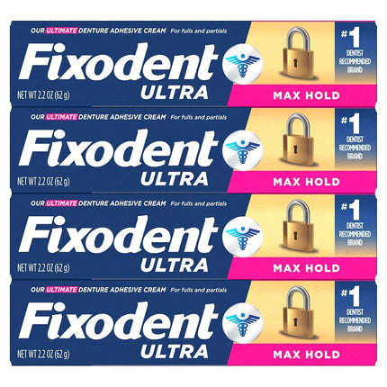 Fixodent Ultra Max Hold Secure Denture Adhesive Cream for Full and Partial Denture Wearers, 2.2oz (Pack of 4)