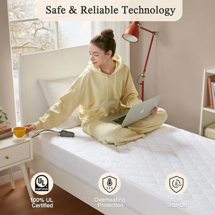 Protège-matelas chauffant Beautyrest Cotton - Couverture chauffante avec contrôleur à 20 réglages de chaleur, minuterie d'arrêt automatique, poches profondes élastiques, certifié UL, lavable en machine, blanc très grand lit jumeau