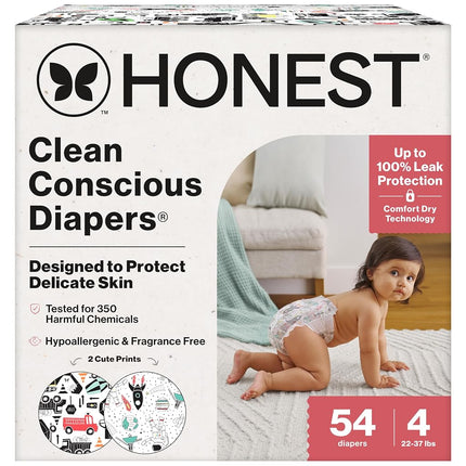 The Honest Company Clean Conscious Diapers for Delicate Skin | Up to 100% Leakproof | Hypoallergenic, Fragrance Free | Gender Neutral | Club Box, Size 4 (22-37 lbs), 54 Count (Prints May Vary)