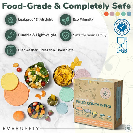 Everusely Stainless Steel Food Containers With Lids - Leakproof, Stackable Lunch and Snack Containers