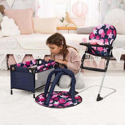 Bayer Design 61769AB Set 9 in 1 for dolls with highchair, bag, plate with cutlery and drinking cup, a play mat and travel bed, doll accessories set, blue pink stars