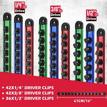 Magnetic Socket Holder Organizer Set: 9-Piece Detachable 1/4, 3/8, 1/2 Socket Trays Socket Organizer for Tool Box Drawer Holds 120-Piece Standard Size Sockets for Automotive Garage(Blue Red Green)