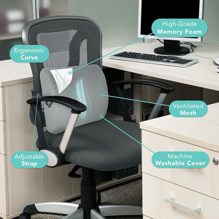 Samsonite SA5244 Ergonomic Lumbar Support Pillow Helps Relieve Lower Back Pain 100% Pure Memory Foam Improves Posture Fits Most Seats Breathable Mesh Washable Cover Adjustable Strap