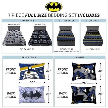 Franco Kids Bedding Super Soft Comforter and Sheet Set with Sham, 7 Piece Full Size, Batman