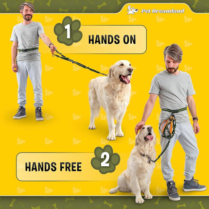 Correa manos libres Pet Dreamland para correr, caminar, hacer senderismo, ciclismo y entrenar con perros. Arnés elástico, cinturón ajustable, asa simple o doble, costuras reflectantes. Perros pequeños, medianos, grandes.