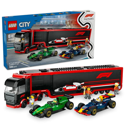LEGO City F1 Truck with RB20 & AMR24 F1 Cars, Kids Toy for 8+ Year Old Boys & Girls, Formula 1 Toy with Aston Martin and Red Bull Racing Car, Construction Kit with Transporter and 5 Minifigures 60445