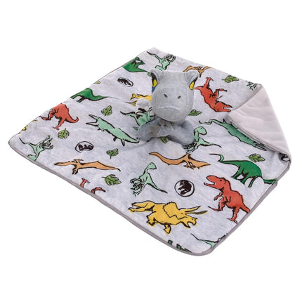 NoJo Welcome to The Universe Baby Jurassic World Grey, Green, Orange and Yellow, Grey Plush Dinosaur Raptor Security Baby Blanket