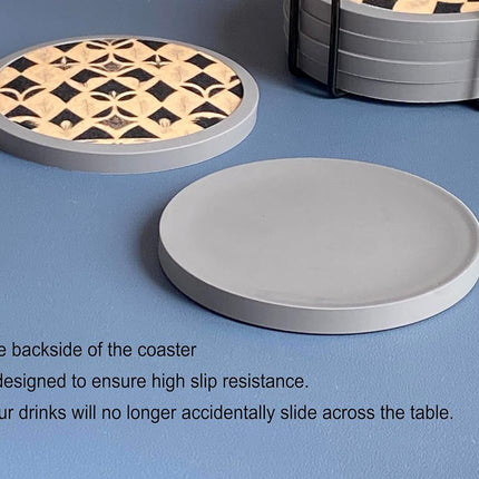 Absorbent Coasters for Drinks with Holder - 6packs, Silicone Coasters with Soft Felt Insert (4.3 inch Coasters with 4.5 inch Holder, Dual-Sided Ears of Wheat Artistry)
