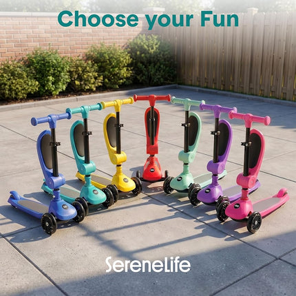 SereneLife Kids Scooter for Ages 3–7 – 3 Wheel Kick Scooter with Seat Option, Light-Up LED Wheels, Lean-to-Steer, Foldable, Adjustable Height, 50 kg Capacity