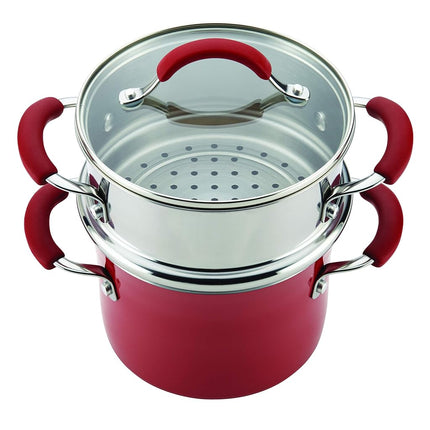 Juego de olla múltiple Rachael Ray Cucina de esmalte duro antiadherente con tapa y vaporera, 2.8 litros, rojo arándano