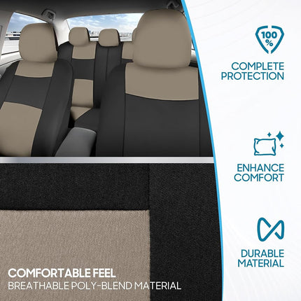 BDK PolyPro Car Seat Covers Full Set in Light Beige on Black, Front and Rear Split Bench Seat Covers for Cars, Easy to Install Car Seat Cover Set, Car Accessories for Auto Trucks Van SUV - Light Beige