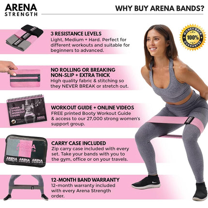 Arena Strength Fabric Booty Bands: Fabric Resistance Bands for Legs and Butt: 3 Pack Set. Perfect Workout Hip Band Resistance. Workout Program and Carry Case Included…