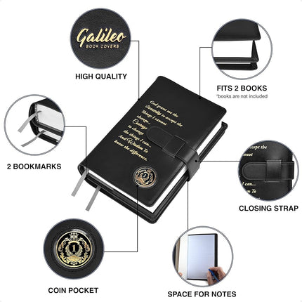 GALILEO® Double AA Big Book Cover & 12 Steps & 12 Traditions | AA Gift | Alcoholics Anonymous | PU Leather | Coin Holder | AA Book Covers for Hardcover (Serenity Prayer/Coin Pocket/Black)