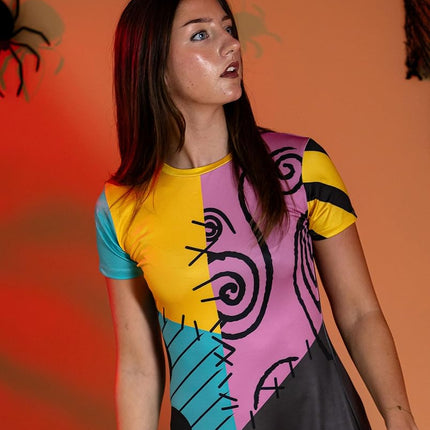 Disney Nightmare Before Christmas Sally | Women's Multicoloured Short Sleeve Costume Dress | Halloween Party Outfit | Cosplay Dress | Themed Apparel for Fans Merch - XX-Large