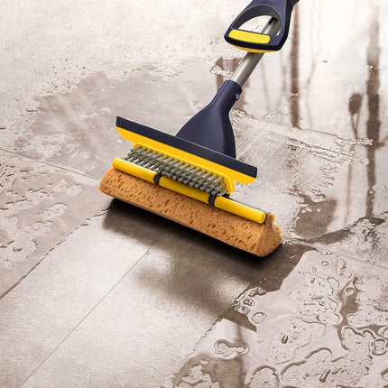 Yocada Fregona de esponja para uso comercial y doméstico, para limpieza de azulejos, baños, garajes, con 2 cabezales de esponja en total, escurridor y mango telescópico extensible largo de 42.5 a 52 pulgadas, fácil de escurrir y secar
