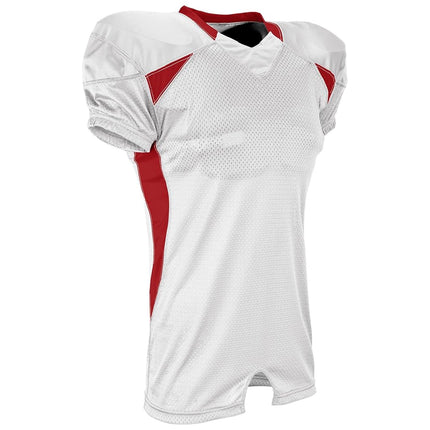 Maillot de match de football américain CHAMPRO Huddle Stretch en polyester brillant pour jeune garçon, blanc, écarlate