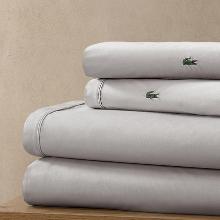 Lacoste 100% Cotton Percale Solid Sheet Set, Breathable, Cooling & Hotel Quality Sheets - Deep Pocket, Easy-Fit, Oeko-Tex Certified, Sleet, Full