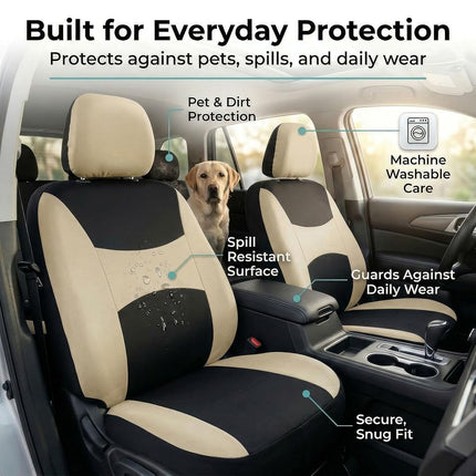 FH Group Automotive Seat Covers Black Universal Fit Bucket and Bench Cover for Cars, SUVs, and Trucks (Full Set Airbag Compatible with Split Bench) FB030BEIGEBLACK115-SEAT