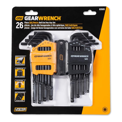 GearWrench 83505 Hex Key Set SAE/Metric Ball End Long Arm, 26 Piece