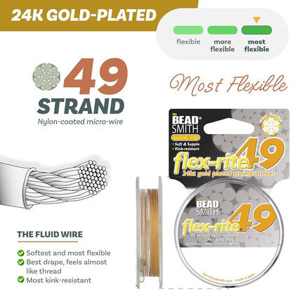 The Beadsmith Flex-Rite 7 Strand Nylon Coated, Stainless-Steel Beading Wire, Jewelry Making Supply (.018 Dia, Satin Gold - 10 Ft)