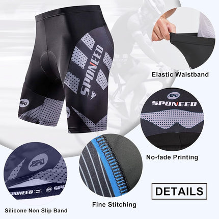 sponeed Short cycliste rembourré pour homme, pantalon de vélo, vêtements de cyclisme, collants, gris, taille M