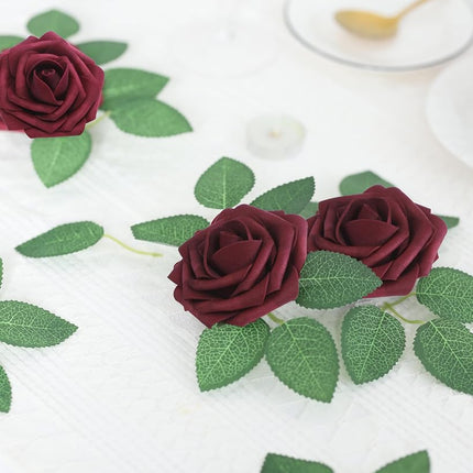 DuHouse 25Pcs Artificial Roses Flowers Fake Rose with Stems Real Touch Foam Flower Head for DIY Wedding Bridal Bouquet Baby Shower Centerpiece Floral Arrangement Party Home Decor(Burgundy)
