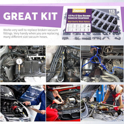 Swpeet 113Pcs Barbed Vacuum Connector Kit, Including Tee, Reducer, and Straight Connectors for Replacing Vacuum Hoses