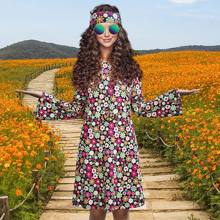MRYUWB 70s Hippie Dress Costumes Necklace Earrings Sunglass Women Disco Outfit, 60s Party Costume, Halloween Retro Dresses (Vibrant Flowers, S), (F0154)